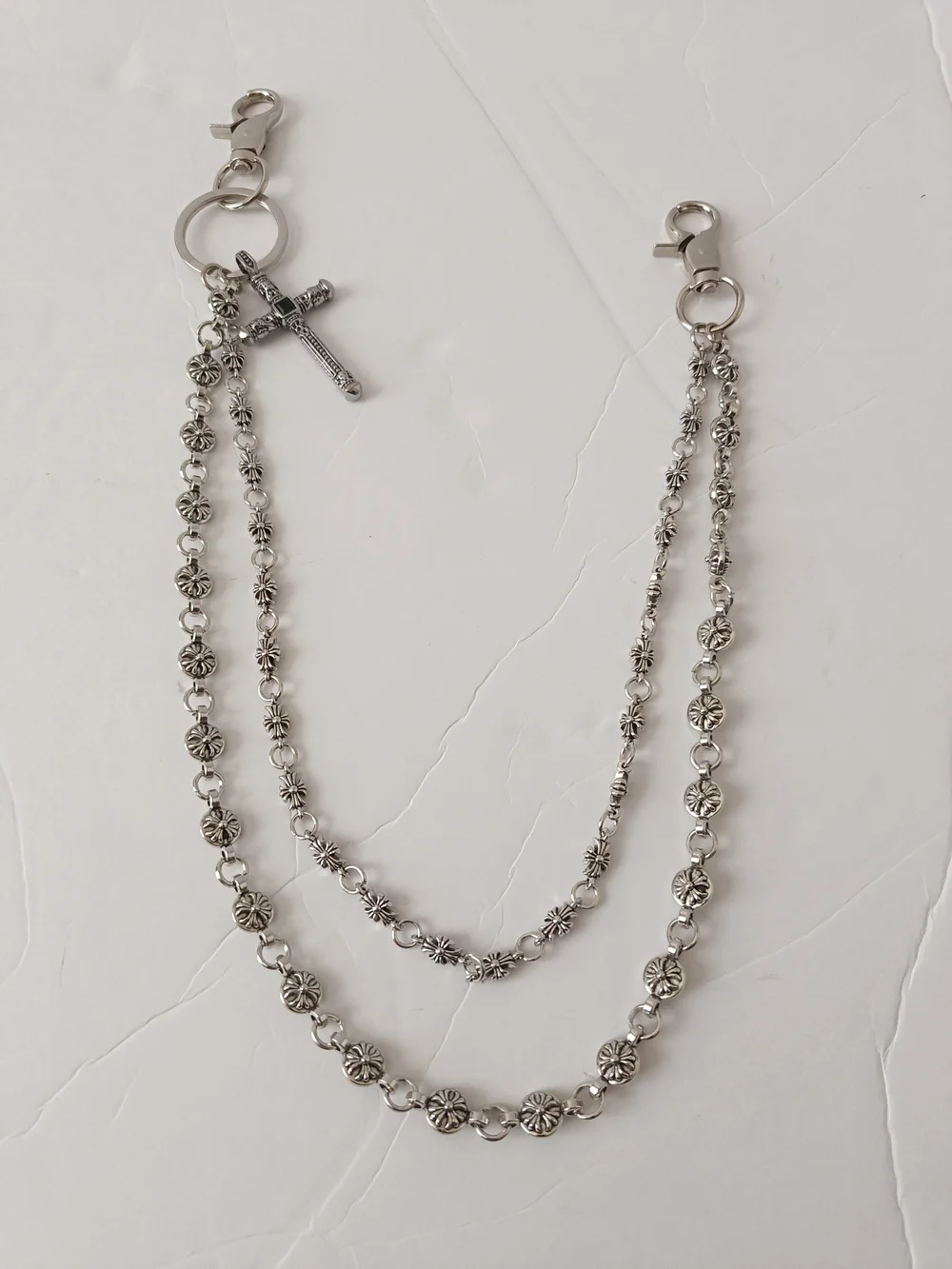 Silver Tone Double Strand Cross Chain Wallet Chain 21 Inches